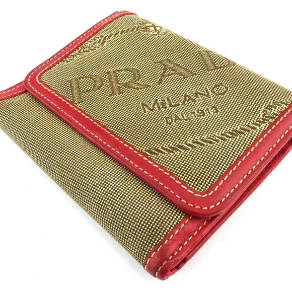 AUTH PRADA Three Folded Wallets Logo Jagade Beige Canvas ~ Leather - Picture 2 of 8